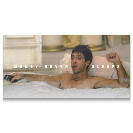 Wide shot showing Tony Montana in the tub, emphasizing the large text display of Scarface - Money Never Sleeps.