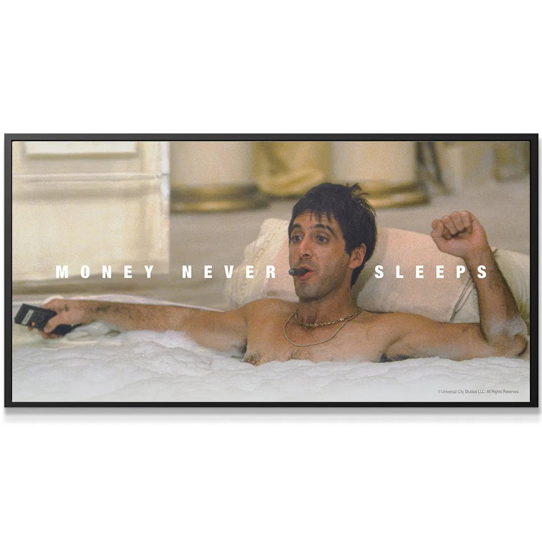 Close-up portrait of Tony Montana with a lit cigar, highlighting the intense expression in the official Scarface - Money Never Sleeps print.