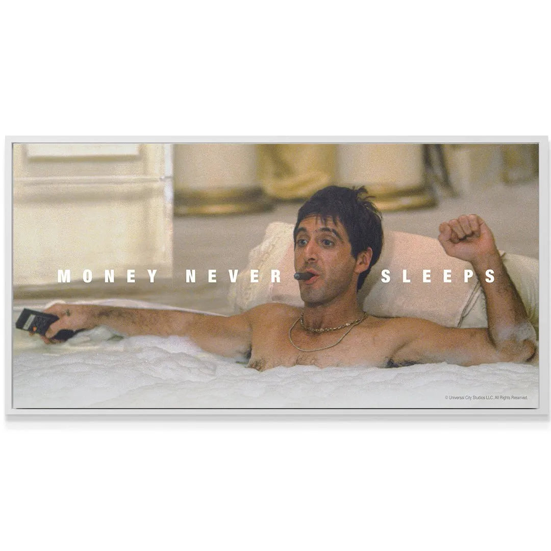 Horizontal view of the bubble bath scene and gold chain detail in the premium Scarface - Money Never Sleeps artwork.