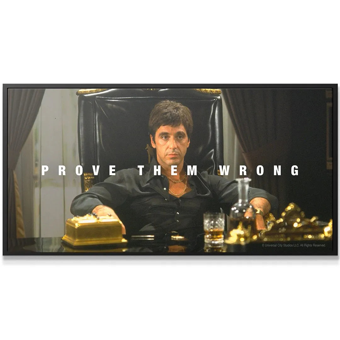 Wide shot showing the opulent black leather chair and desk: Scarface - Prove Them Wrong artwork showcasing luxury texture.