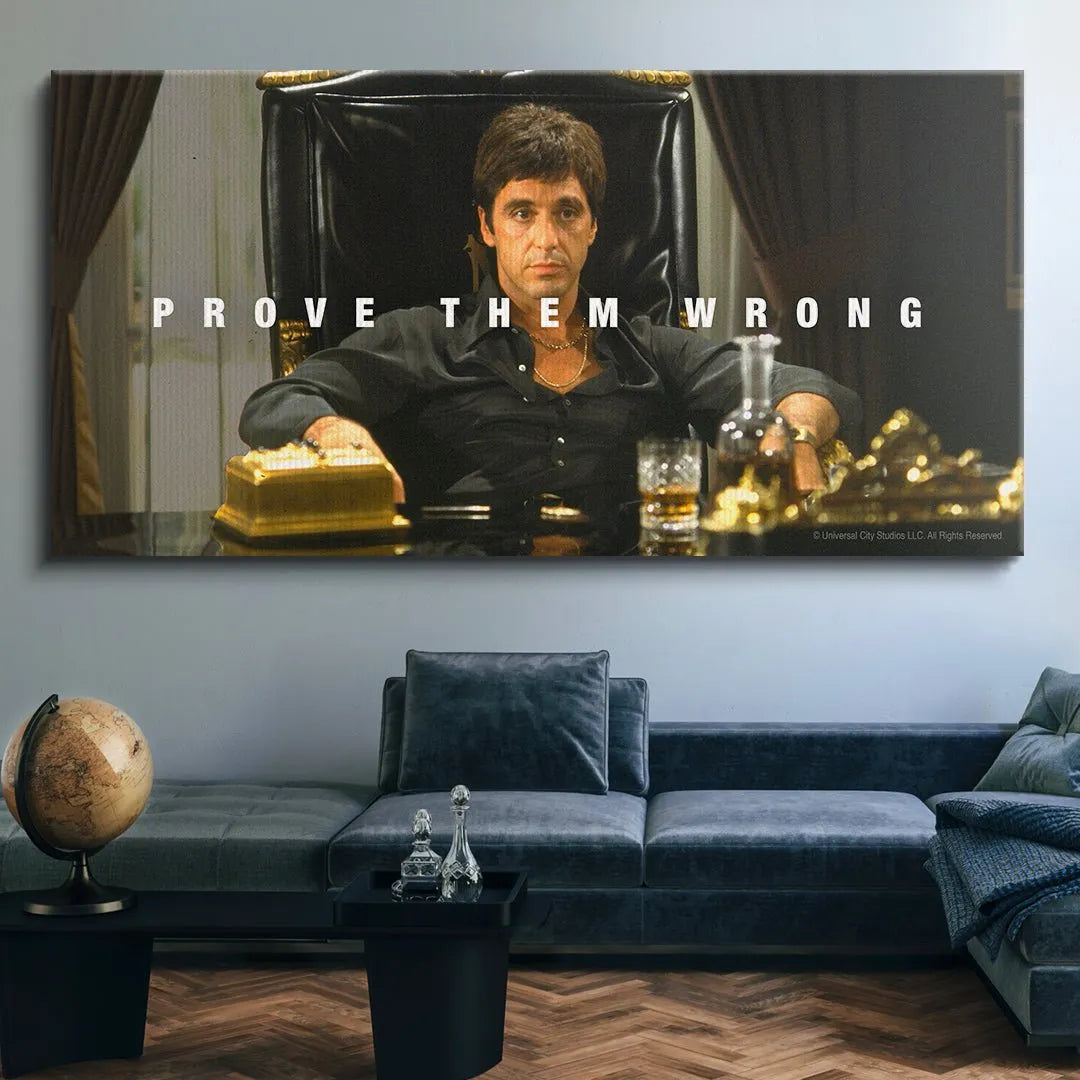 Angular view of the power pose and black satin shirt: Scarface - Prove Them Wrong cinematic ambition portrait.