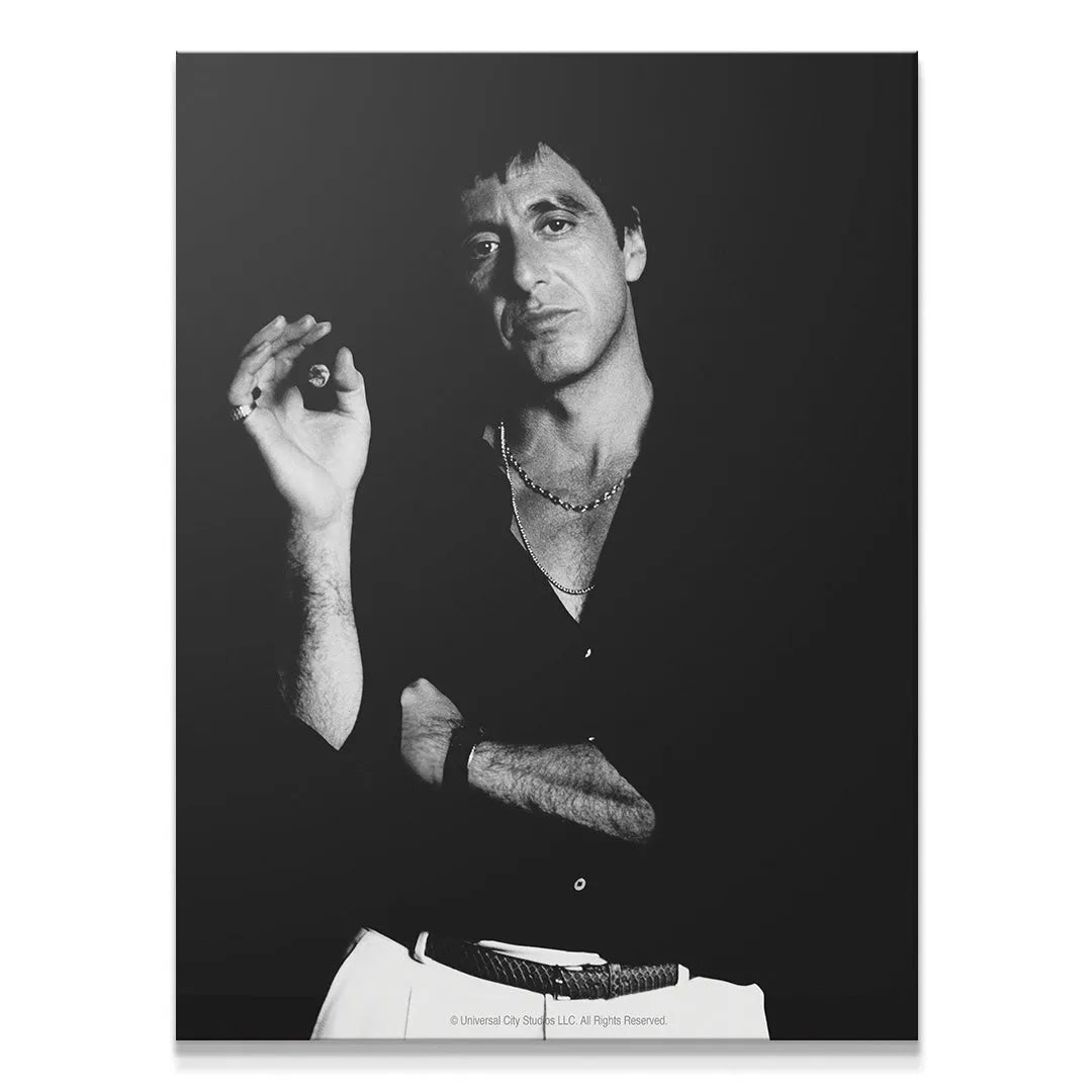 Close-up portrait of Tony Montana holding a cigar in the dramatic 'Scarface - Smoke' print.