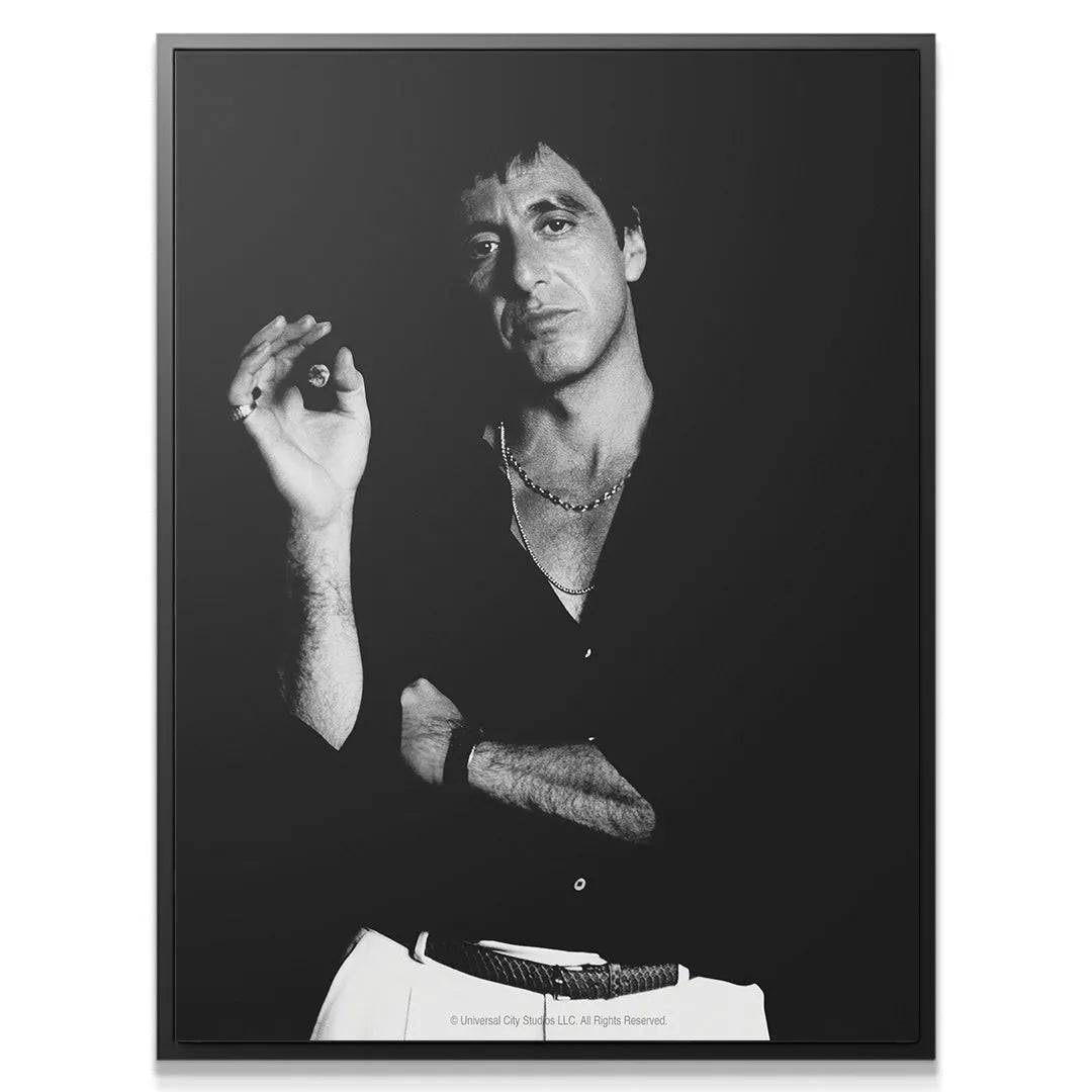 High-contrast black and white photography showing the texture of the shirt in 'Scarface - Smoke'.