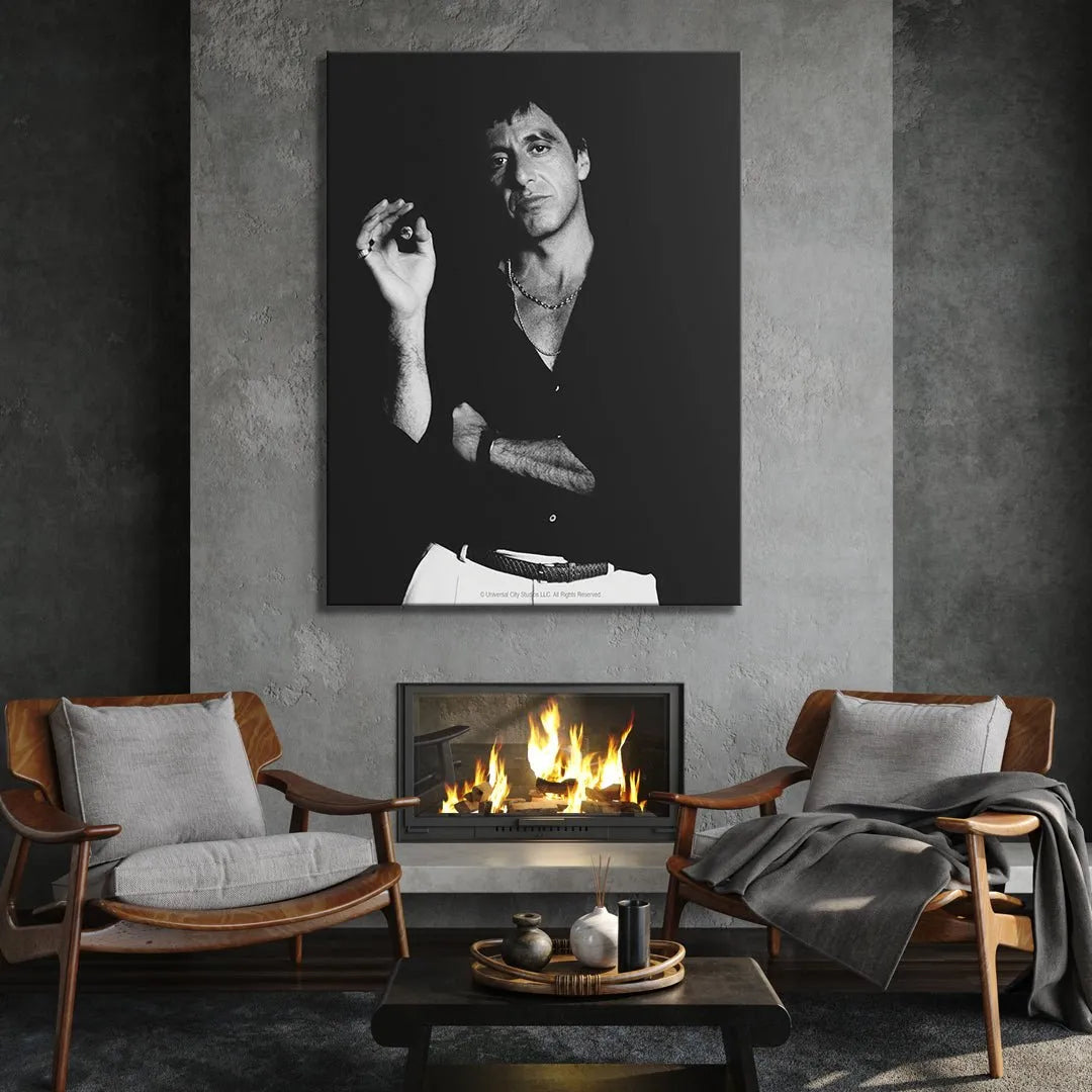 Licensed cinematic poster 'Scarface - Smoke' showcasing Al Pacino's intense gaze and silver chain.