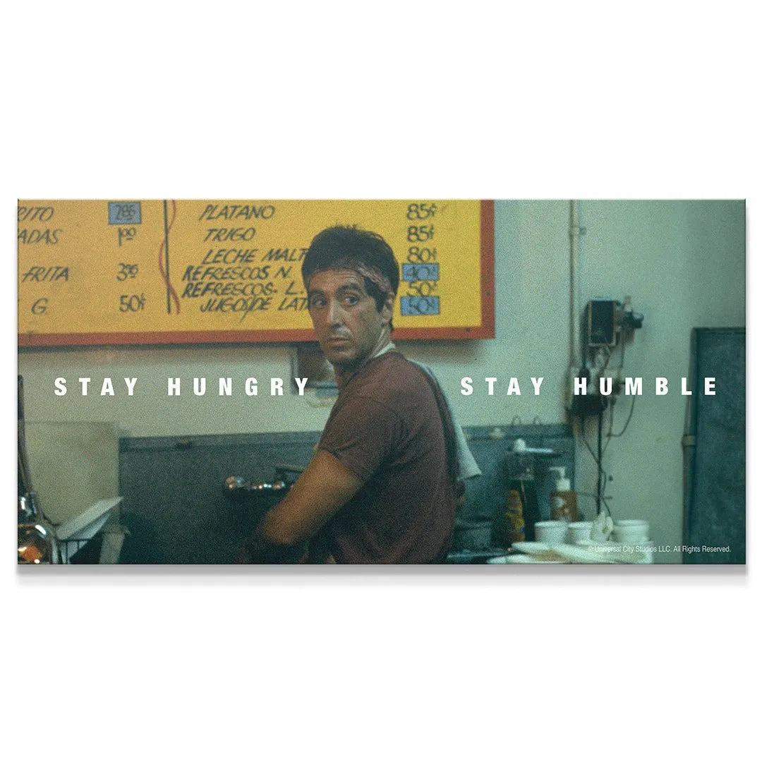 Full panoramic view of Tony Montana working in the kitchen, featuring the 'Scarface - Stay Hungry, Stay Humble' text overlay.