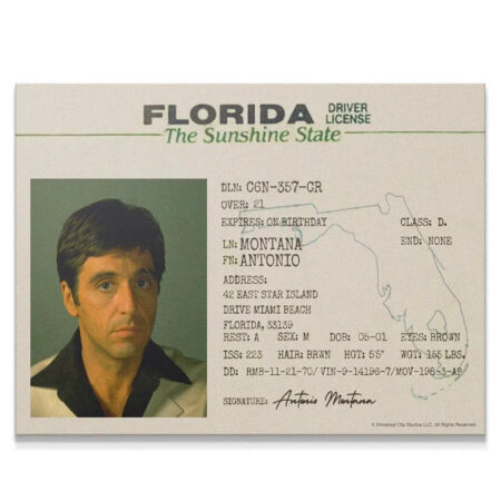 Close-up photo section of Tony Montana from the Scarface - Sunshine State ID print, emphasizing Al Pacino's classic look.