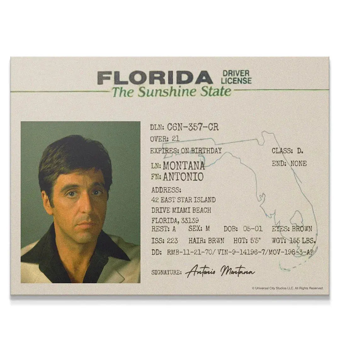 Close-up photo section of Tony Montana from the Scarface - Sunshine State ID print, emphasizing Al Pacino's classic look.