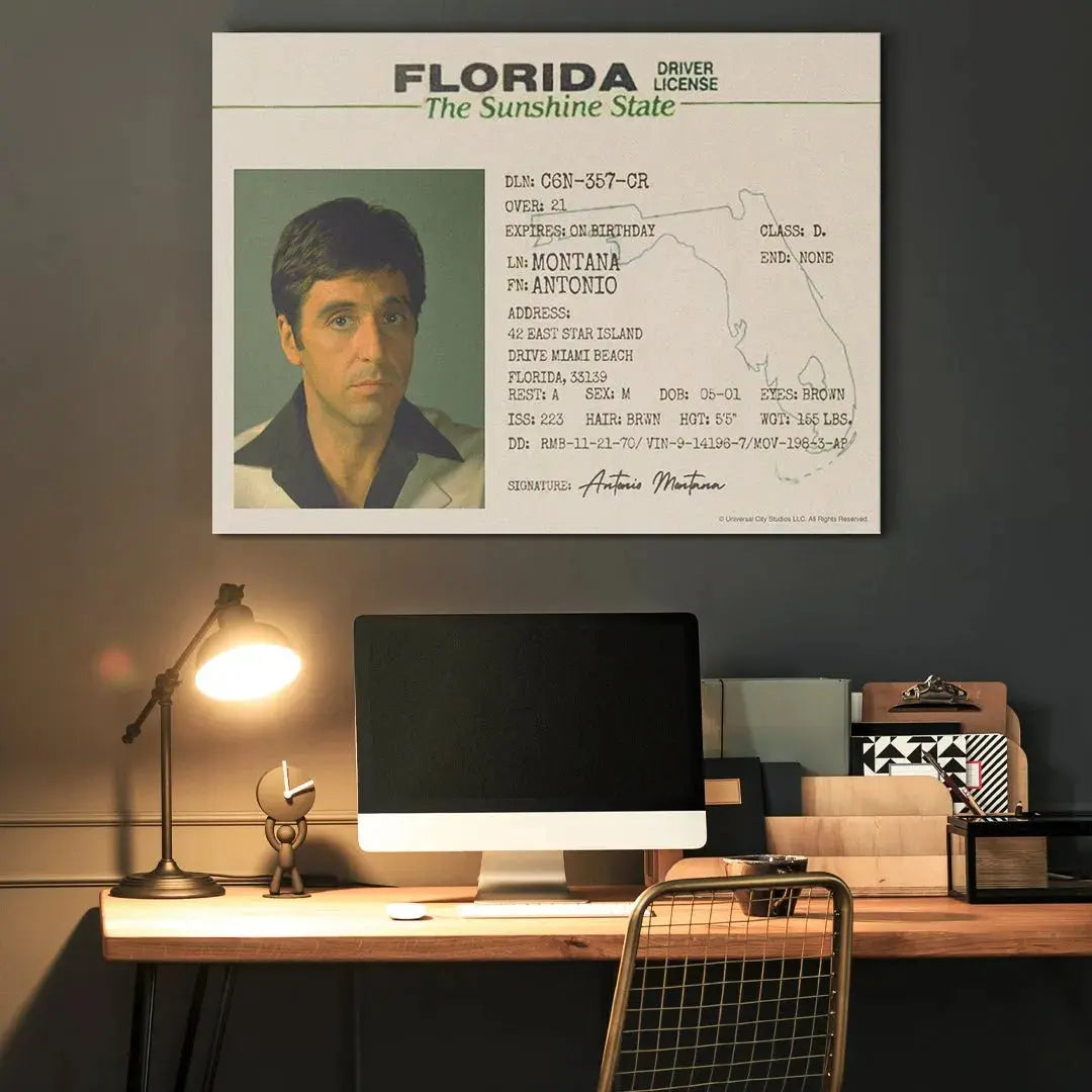Corner perspective highlighting the Antonio Montana signature area on the Scarface - Sunshine State replica license.