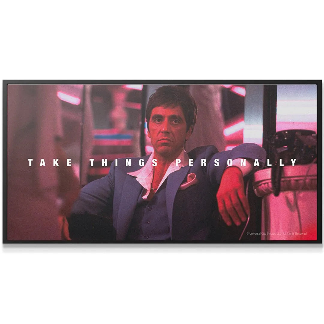 Full wide shot showing the blue suit and pink neon lighting texture in 'Scarface - Take Things Personally' print.