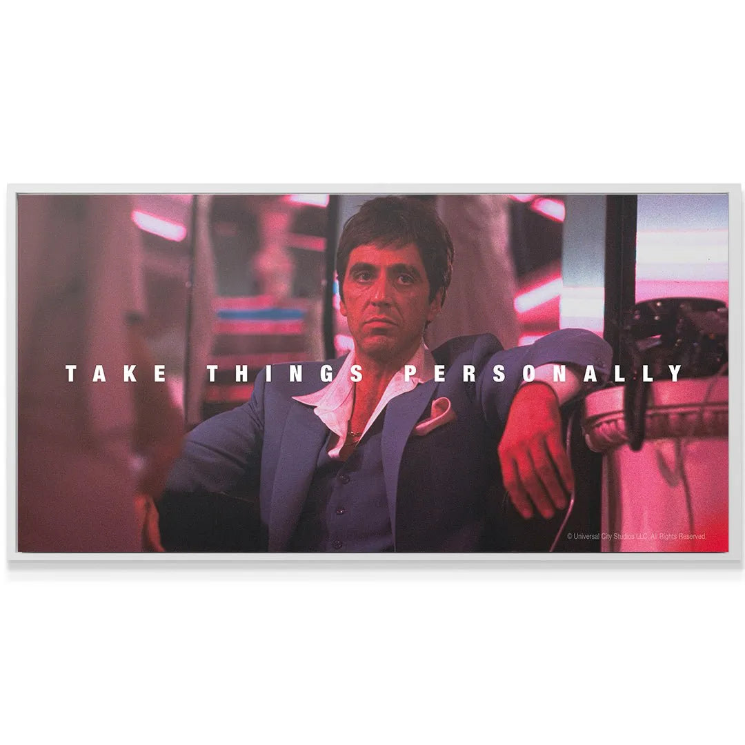 Lifestyle shot of the large 'Scarface - Take Things Personally' canvas mounted in a modern living room setting.