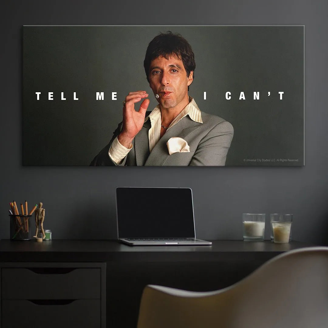 Detailed shot capturing Al Pacino's intense expression and the text 'Scarface - Tell Me I Can't'.