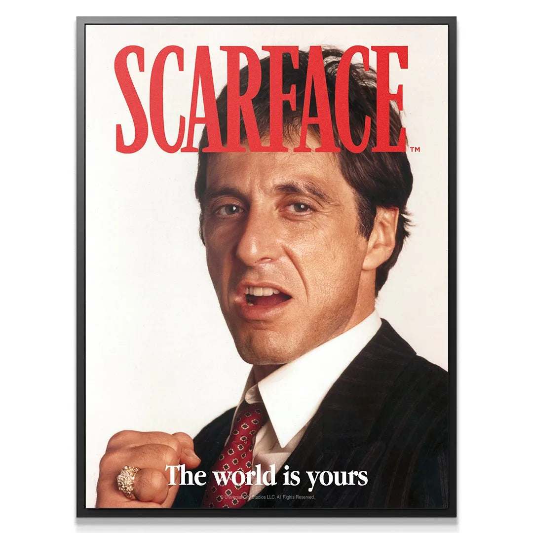 Detailed close-up of Tony Montana's intense facial expression on the 'Scarface - The World Is Yours - Cover'.