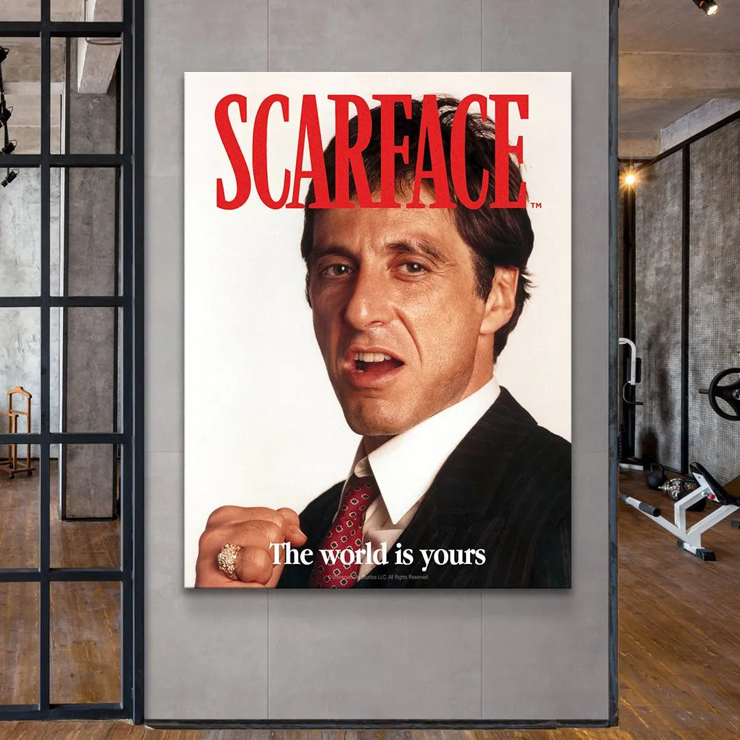 Upper frame focusing on the bold red 'SCARFACE' typography element of the 'Scarface - The World Is Yours - Cover'.