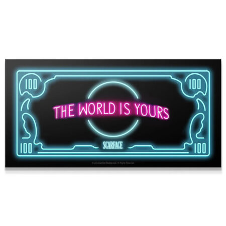 Frontal view of the vibrant Scarface - The World Is Yours - Neon sign displaying pink text and a blue currency-themed border.