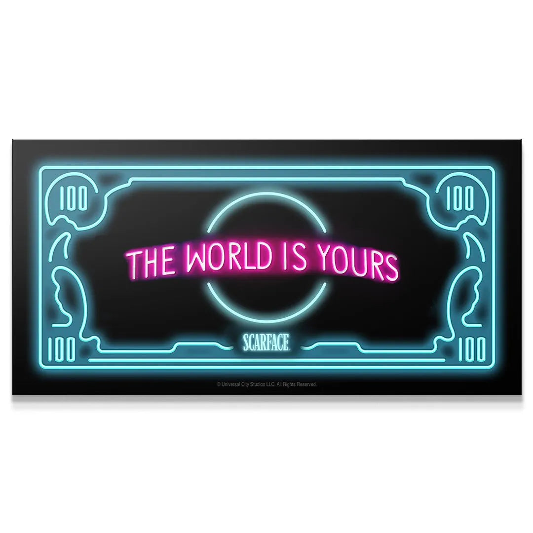 Frontal view of the vibrant Scarface - The World Is Yours - Neon sign displaying pink text and a blue currency-themed border.