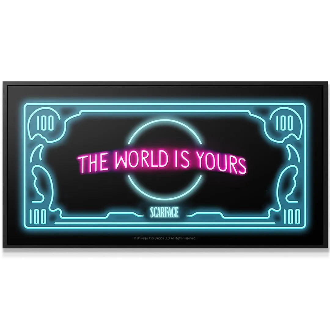 Close-up detail shot focusing on the magenta 'The World Is Yours' text within the Scarface - The World Is Yours - Neon artwork.