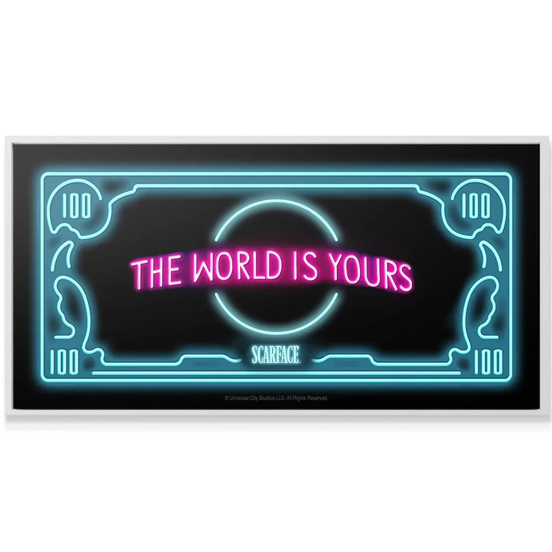 Wide shot of the rectangular, currency-inspired border design of the Scarface - The World Is Yours - Neon piece, showing the '100' markings.