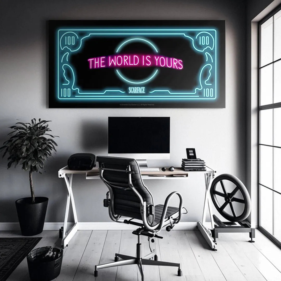 Side angle perspective showcasing the depth and profile of the mounted Scarface - The World Is Yours - Neon light fixture.