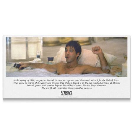 Close-up of Scarface - Tony Montana relaxing in the bathtub with a cigar and gold chain.