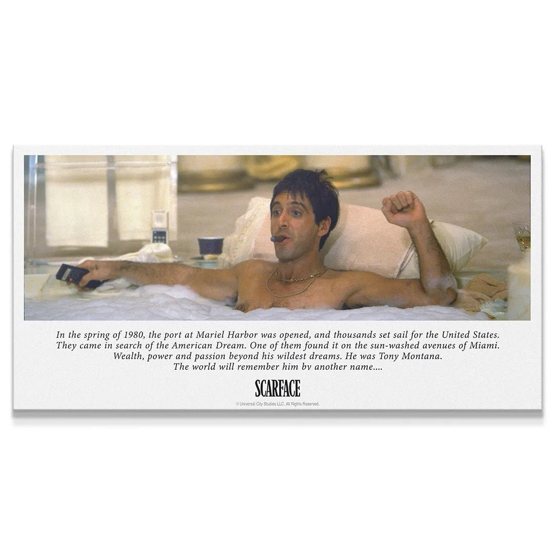 Close-up of Scarface - Tony Montana relaxing in the bathtub with a cigar and gold chain.