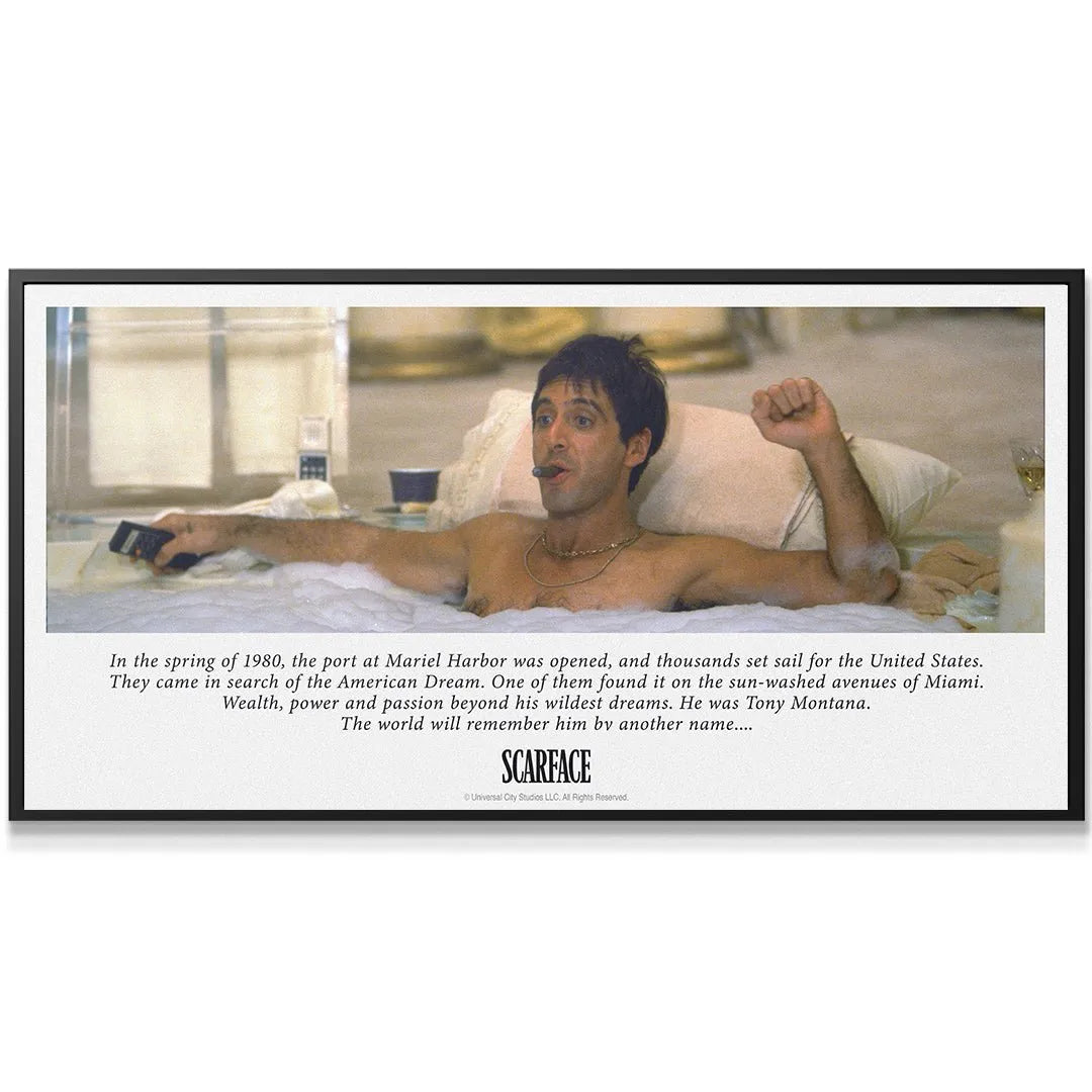 Full wide shot of the Scarface - Tony Montana poster art framed with contextual text below.