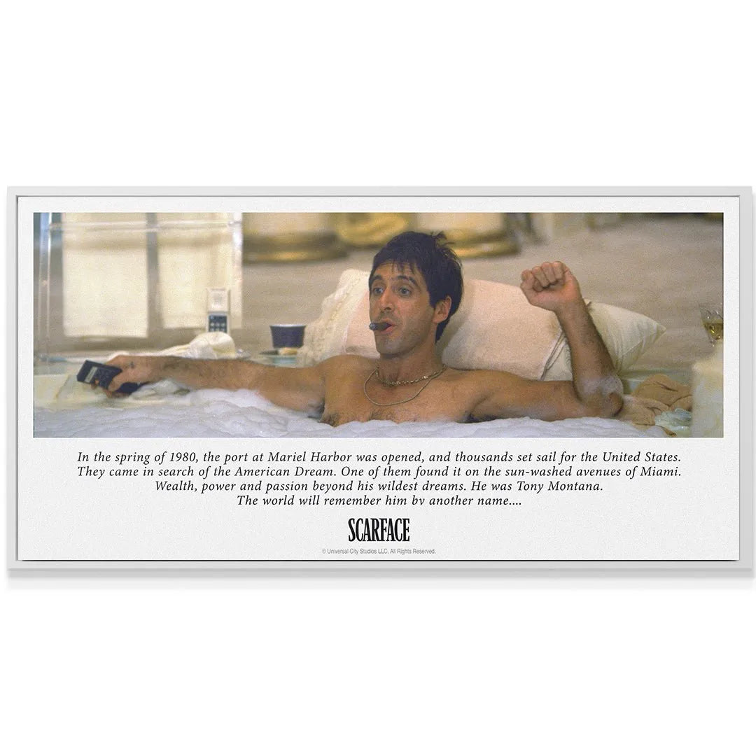 Scarface - Tony Montana in the bubble bath, raising his right fist, symbolizing power and wealth.