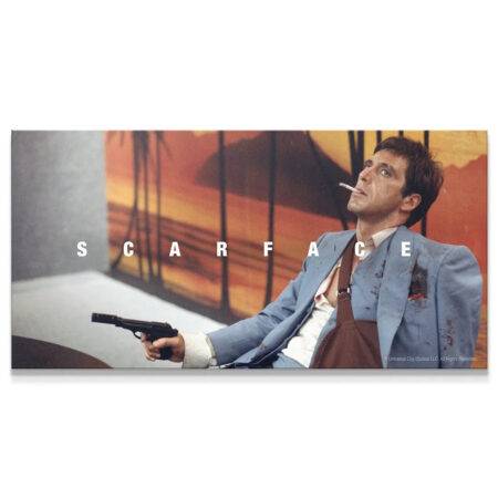 Wide cinematic shot of Tony Montana holding a pistol in the 'Scarface - Trust' scene.