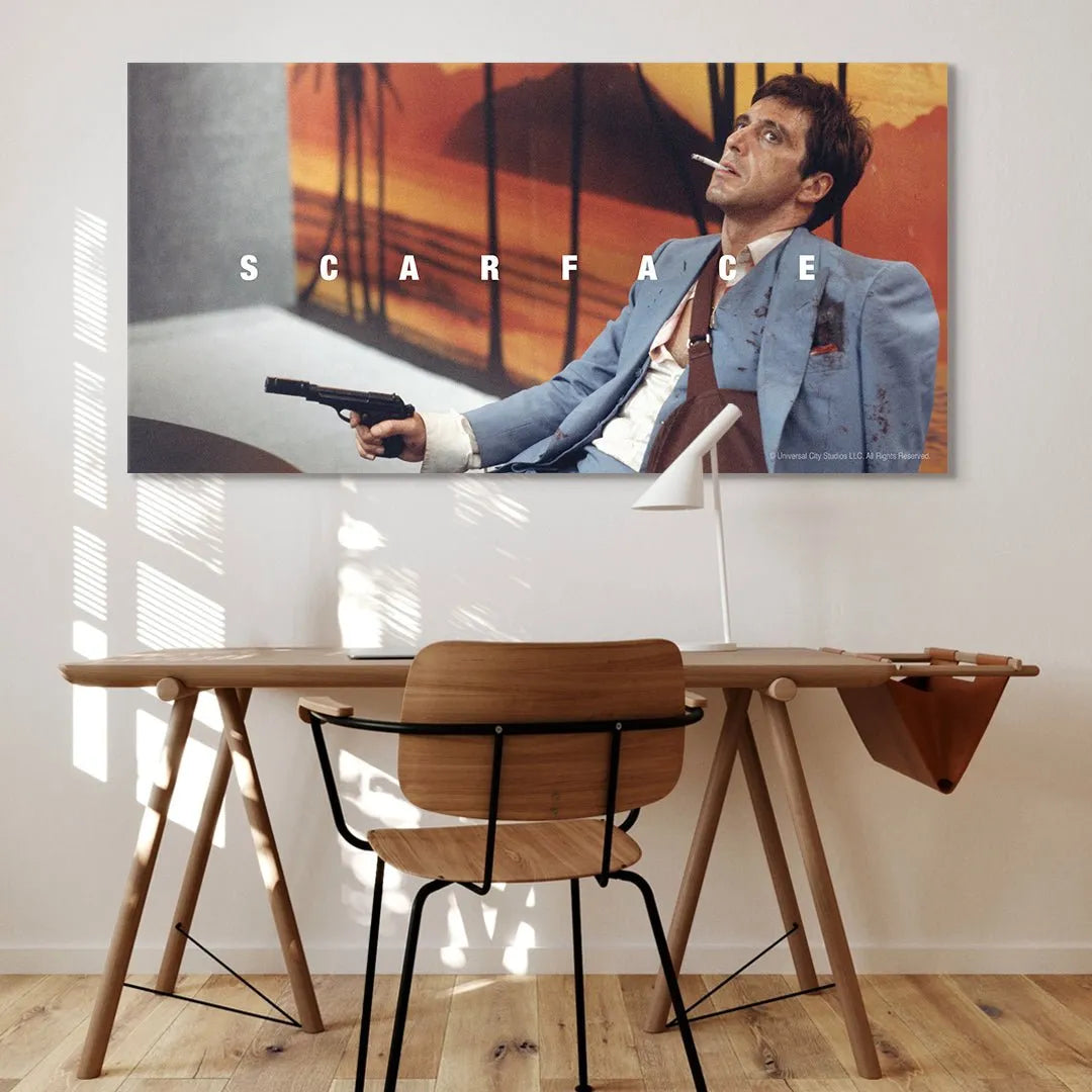 Panoramic angle emphasizing the distant sunset background in 'Scarface - Trust' artwork.