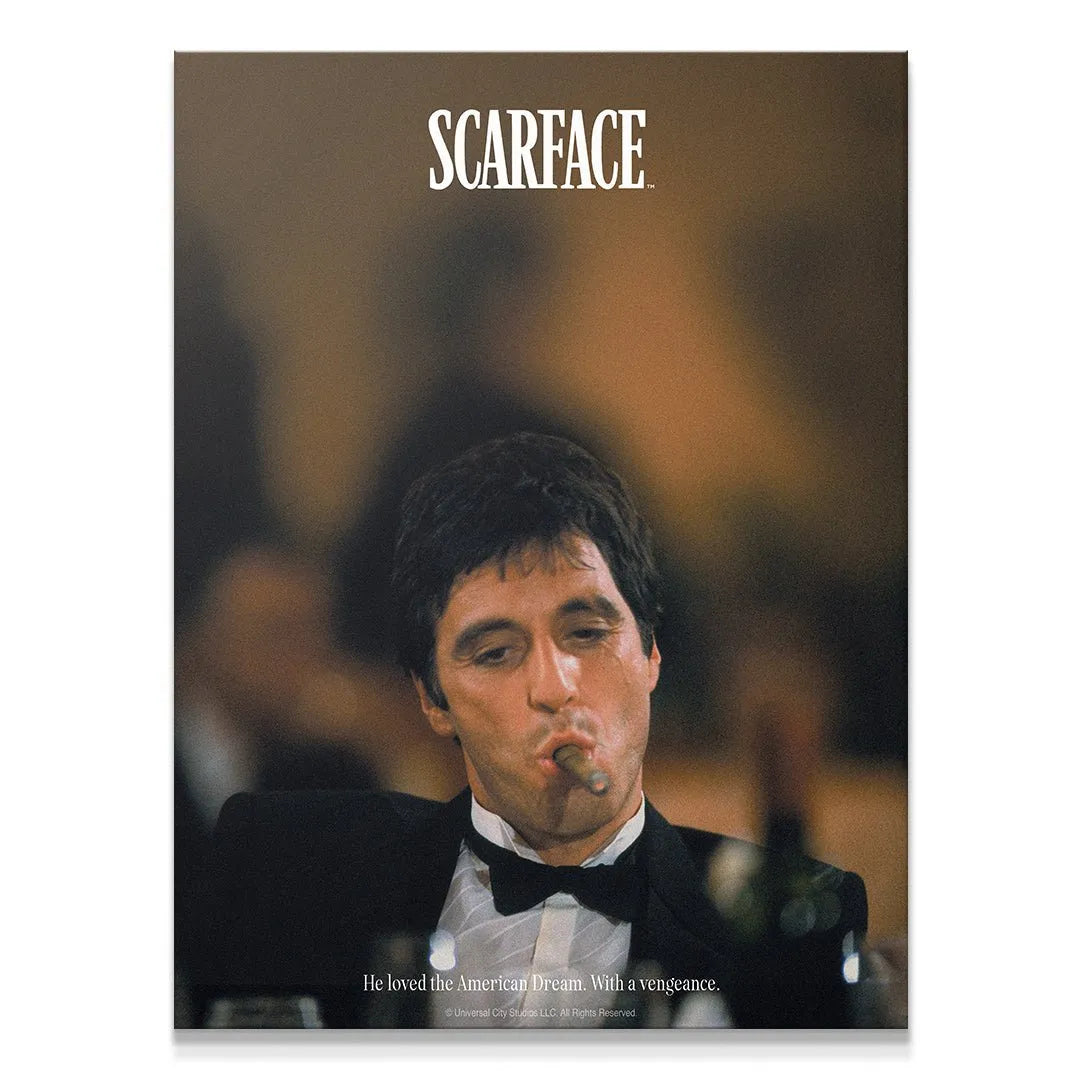 Close-up portrait of Tony Montana smoking cigar: Scarface - Vengeance
