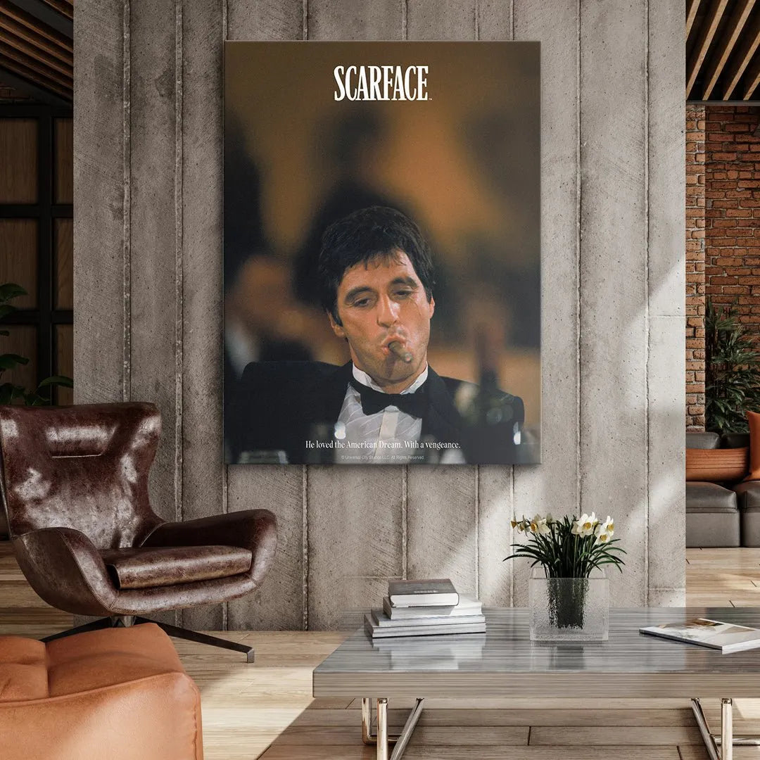 Vintage cinematic angle with warm brown and yellow lighting aesthetic: Scarface - Vengeance