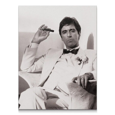 Full black and white studio portrait of Scarface - White Tux sitting down, holding a cigar.
