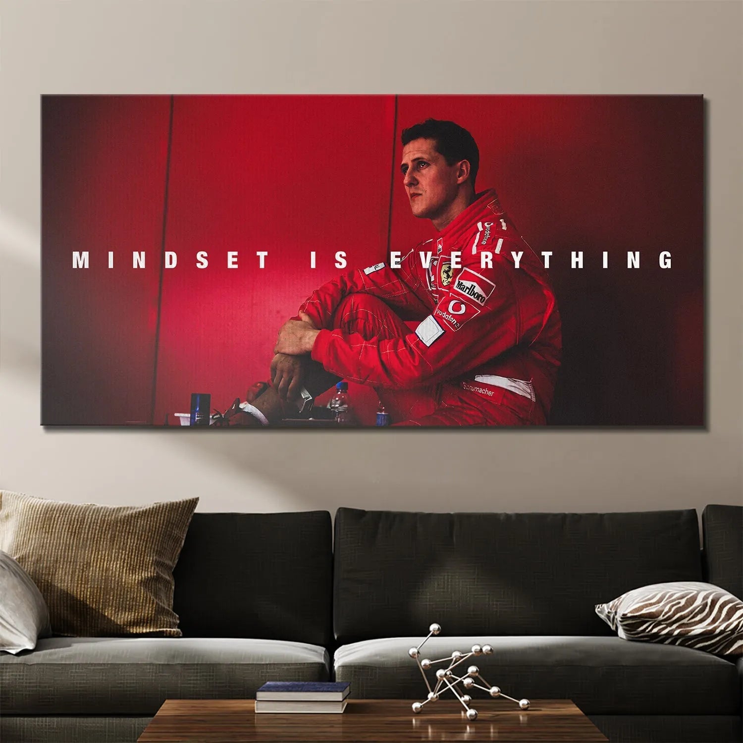 Side angle view of the legendary driver reflecting on the core principles of 'Schumacher - Mindset Is Everything' before entering the race track.