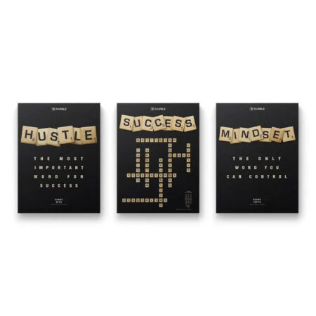 Triptych view of the motivational black and white poster set, showing the full Scrabble Bundle collection.
