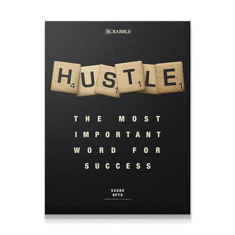 Close-up view of the textured wooden Scrabble - Hustle tiles on a matte black background.