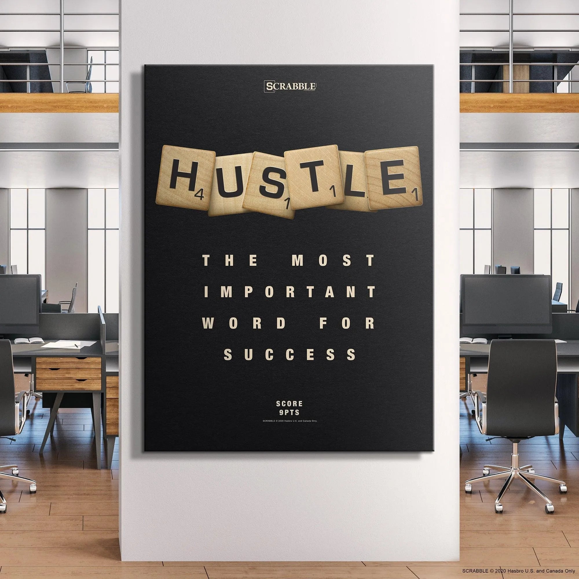 Detailed angle showcasing the 9-point score text beneath the Scrabble - Hustle letters.