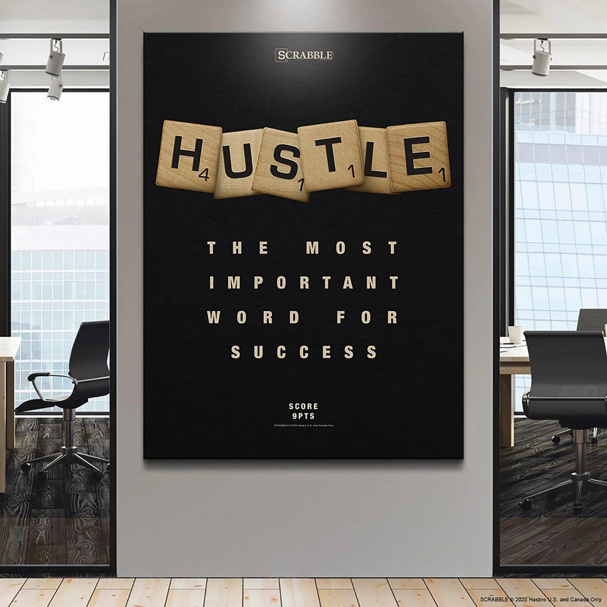 Textured shot emphasizing the wood grain and numbering on the individual Scrabble - Hustle tiles.