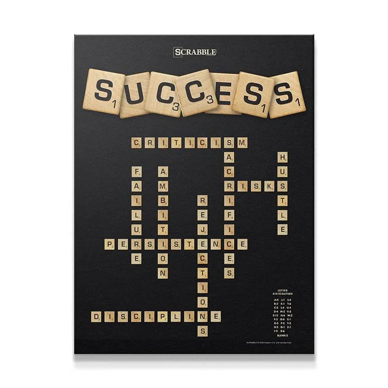 Full view of the inspirational black canvas art, 'Scrabble - Success', featuring the central word in large tiles.