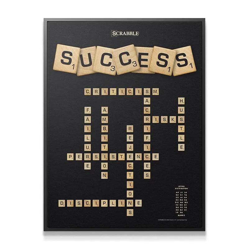 Close-up shot of the textured wooden tiles spelling out 'Scrabble - Success' at the top of the motivational poster.