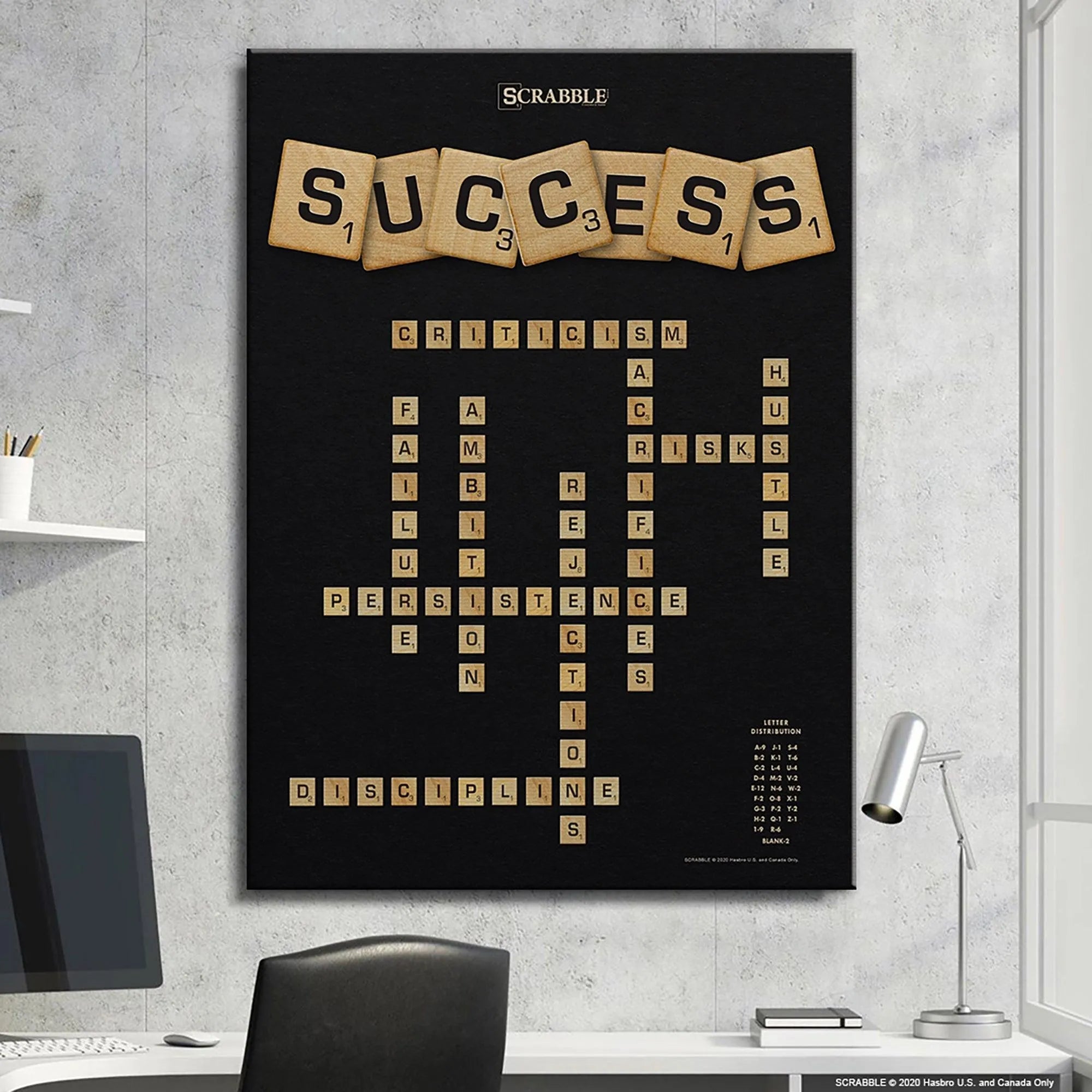 Detail capturing the crisp contrast between the cream tiles and the dark textured background of 'Scrabble - Success'.