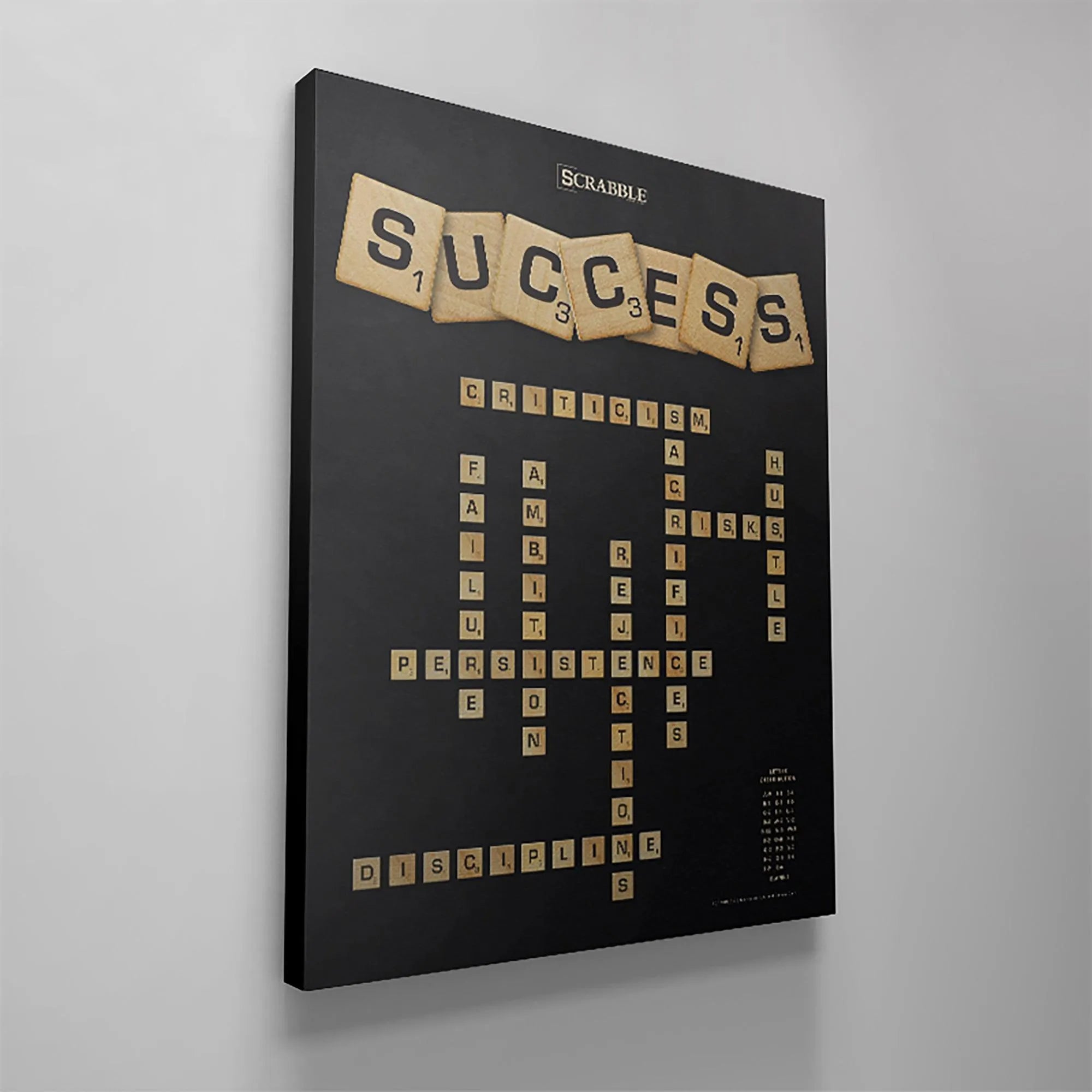 An angled view showcasing the dimensional look of the tiles on the 'Scrabble - Success' canvas print.
