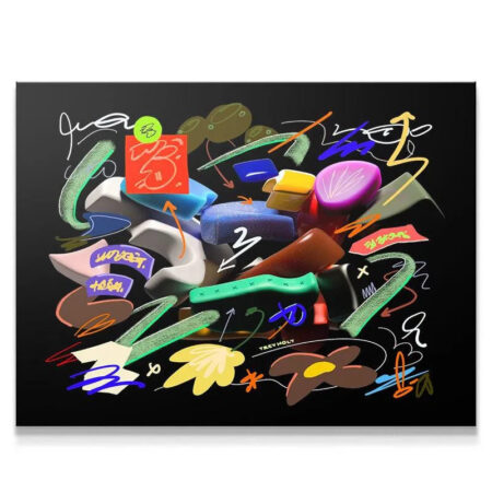 Full view of the abstract print Scribble Scraps highlighting the black background.