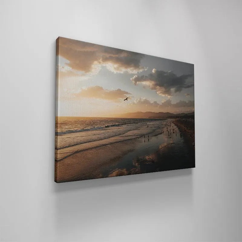 Panoramic landscape featuring distant mountains framing the beach scene in these reflective Seaside Moments.
