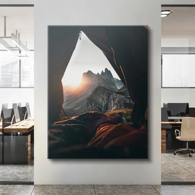 Horizontal canvas print capturing the full golden light burst of the Seceda Sunrise over the Dolomites.