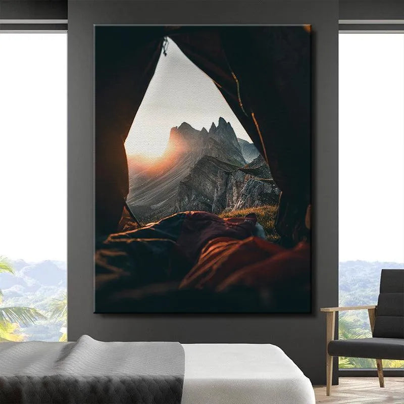 Vertical print highlighting the sharp, jagged lines of the Seceda Sunrise peaks against the bright sky.