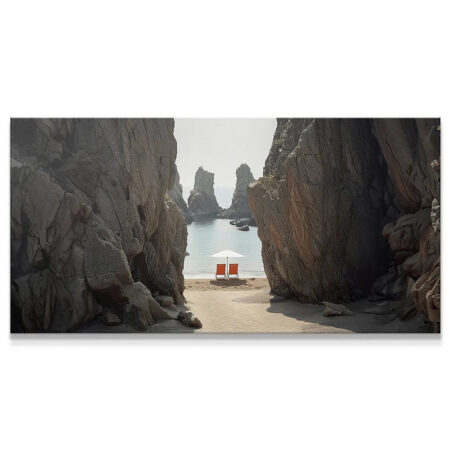 Panoramic view of a hidden Secluded Beach cove framed by massive gray cliffs.