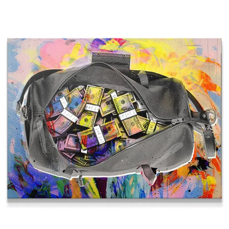 Close-up view of the tightly bundled, multi-colored cash inside the duffel bag, emphasizing the texture of Secure The Bag print.