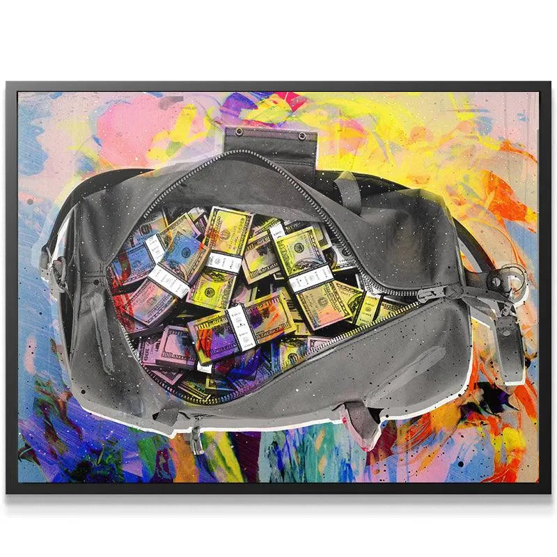 Full overhead perspective of the art titled Secure The Bag, showcasing the neon yellow and pink abstract background.