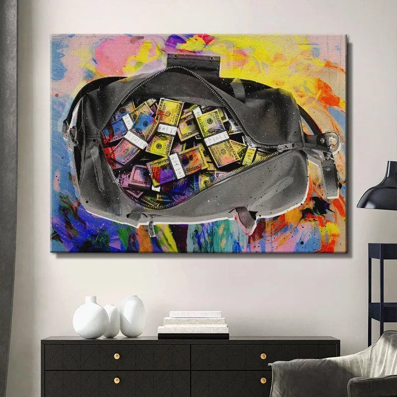 Lifestyle mock-up showing the large format Secure The Bag artwork hanging above a modern office desk.