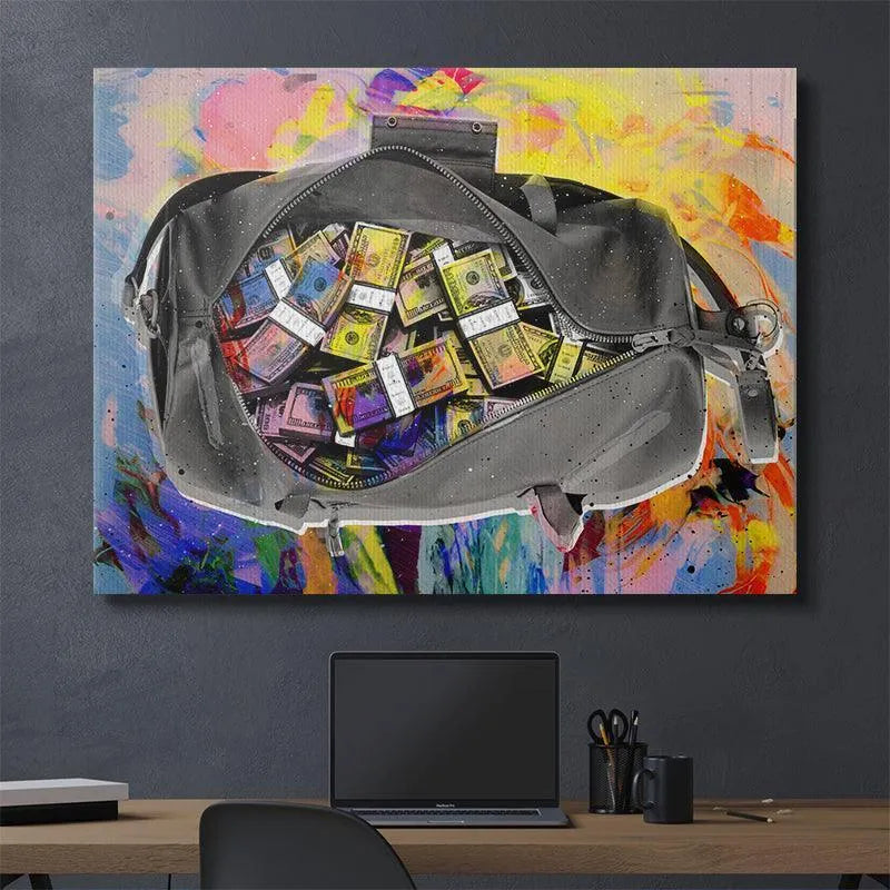 Detail of the crisp edges and bands holding the stacks of money together within the Secure The Bag composition.