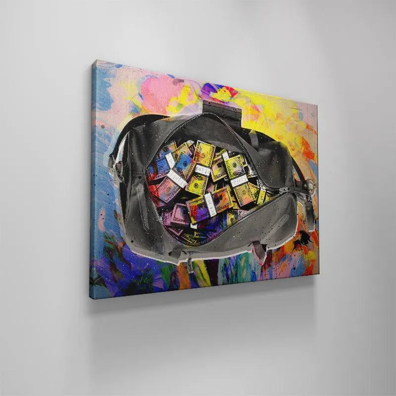 The monochromatic textile texture of the duffel bag contrasted sharply with the vibrant contents in Secure The Bag.